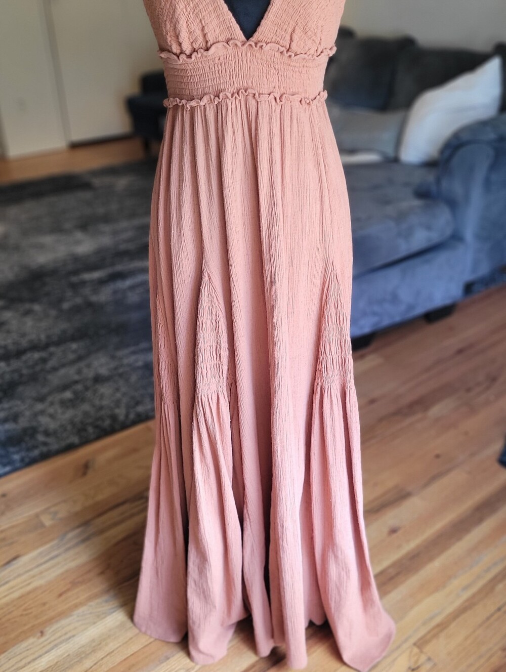 Free People Heat Haze Maxi dress Apricot Peach Brown V-Neck Smocked Size XS Boho - Picture 6 of 16